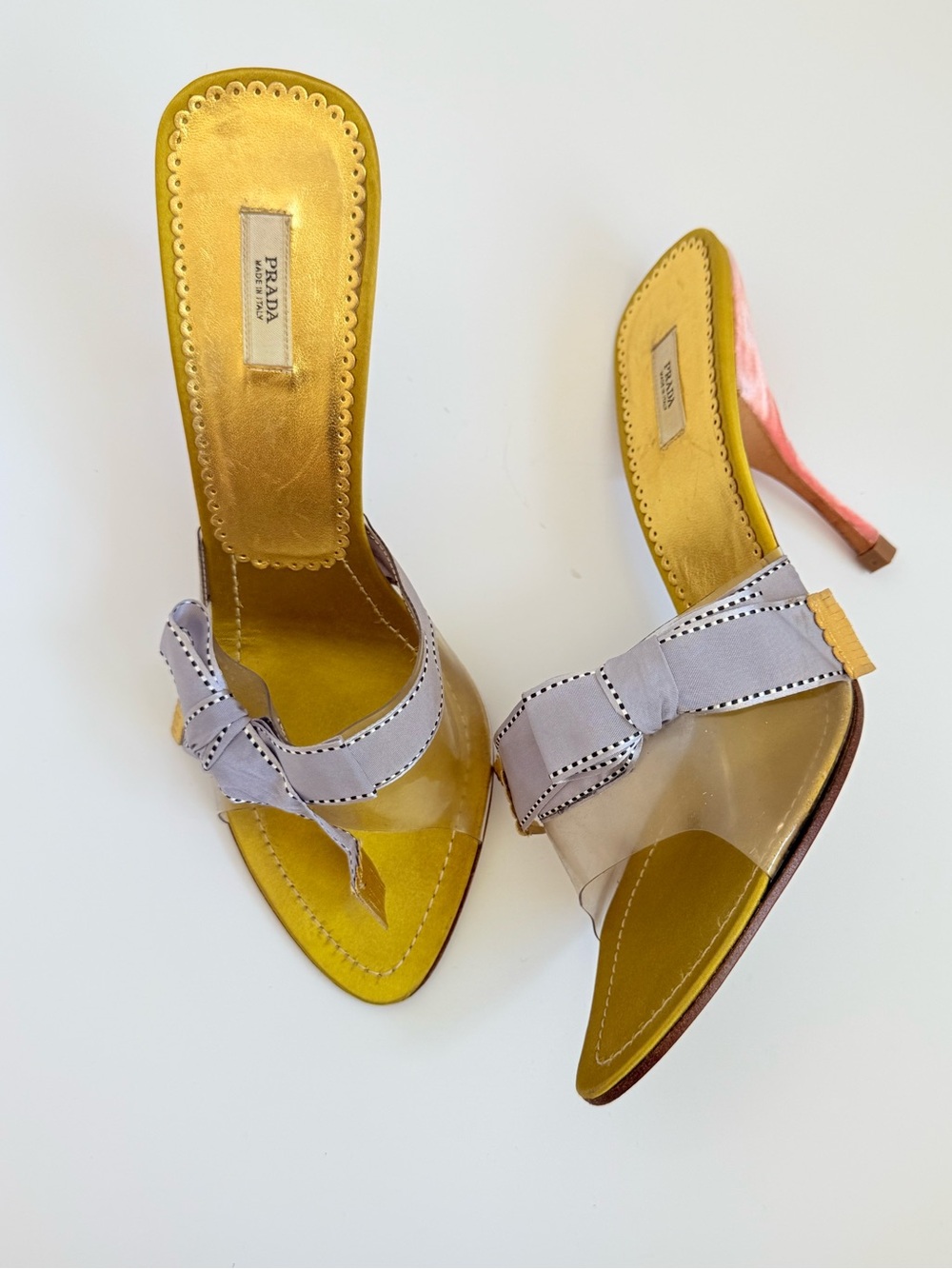 Prada Archive PVC Ribbon Bow Mule Heels 39.5 Pink Velvet Gold Satin Rare Y2K